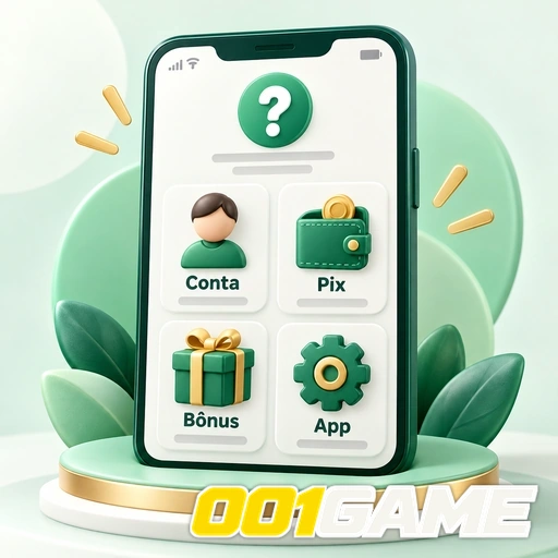 001GAME — ilustração de celular com categorias de ajuda sobre conta, Pix, bônus e aplicativo