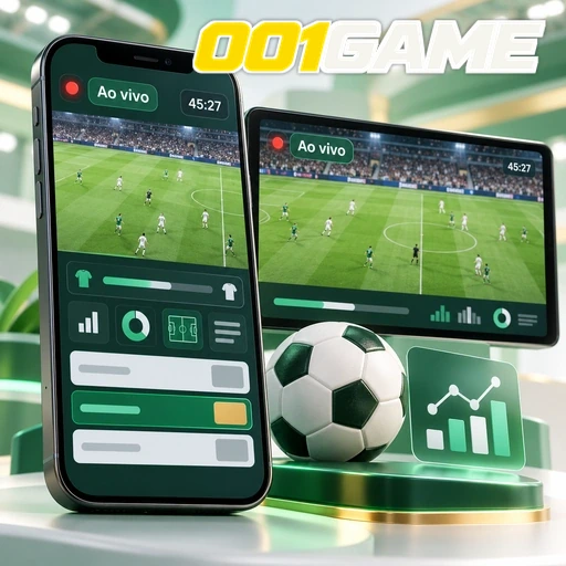 001GAME — ilustração de celular e tablet com uma partida de futebol ao vivo
