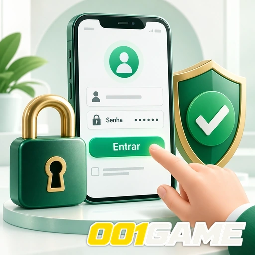 001GAME — ilustração de login no celular com cadeado e escudo de segurança
