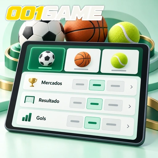 001GAME — ilustração de mercados esportivos em tablet com bolas de diferentes esportes