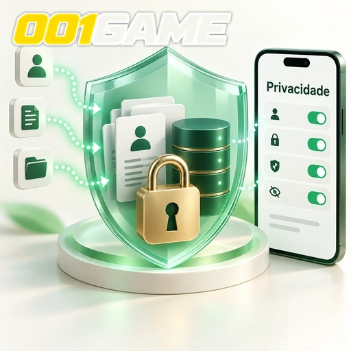 001GAME — ilustração de privacidade e proteção de dados com escudo, cadeado e celular