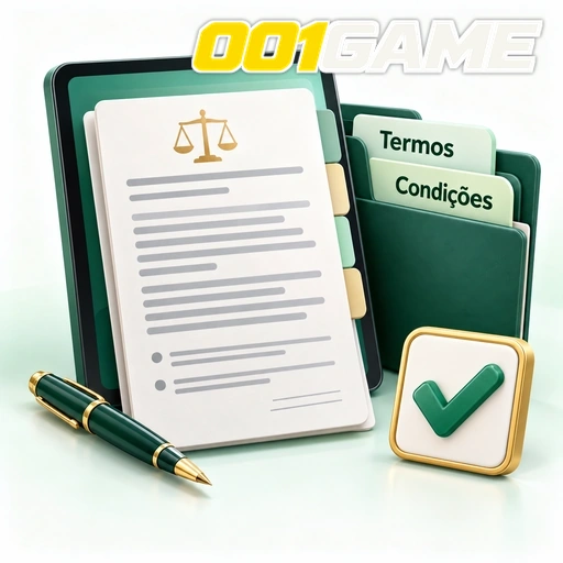 001GAME — ilustração de termos e condições em documentos com caneta e símbolo de confirmação